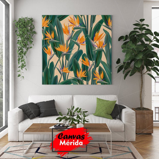 Estampado artístico de flores Ave del Paraíso en estilo decorativo