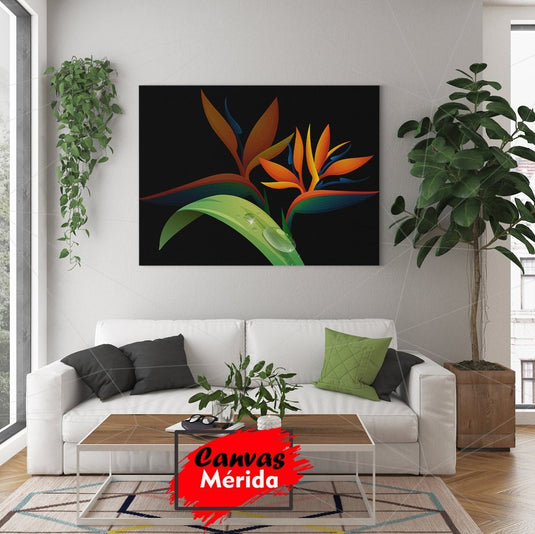 Pintura gráfica de flor Ave del Paraíso con colores vibrantes sobre negro