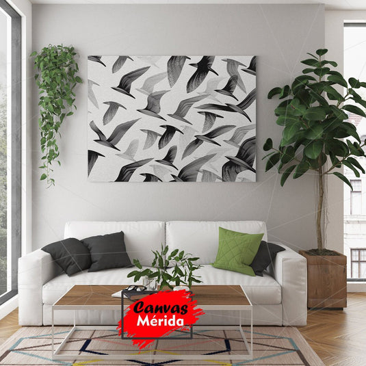 Cuadro decorativo: Pájaros minimalistas en grises sobre fondo blanco