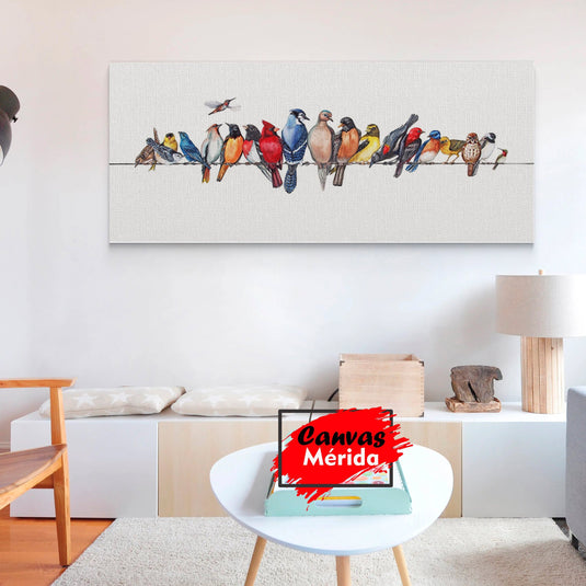 Cuadro decorativo: Diversidad de aves en rama sobre fondo de colores claros