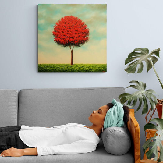 Cuadro_decorativo_césped_verde_fondo_amarillo_suave_árbol_frondoso_tronco_cafe_hojas_rojas