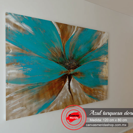 Pintura artística abstracta de plumaje de pavo real en tonos turquesa y oro