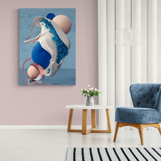 Composición artística digital abstracta con elementos azules y texturas variadas