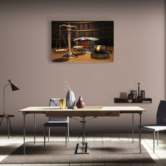 Balanza de la justicia, martillo de juez y libros de leyes sobre un escritorio, simbolizando el derecho y la jurisprudencia