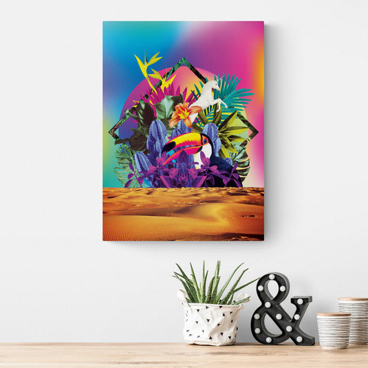 Oasis tropical colorido con tucán en el desierto.