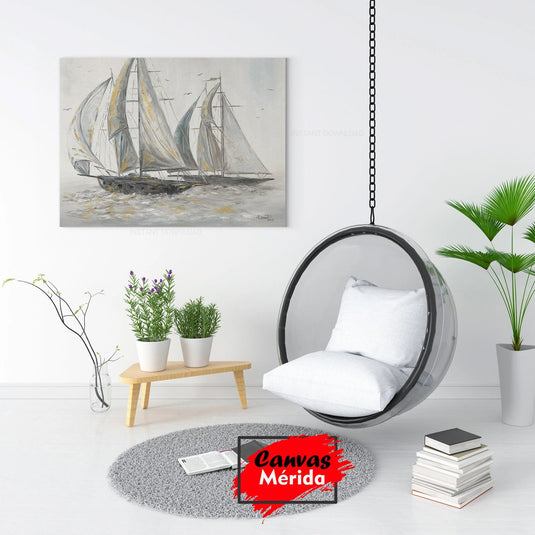 Pintura al óleo de veleros con tonos grises y toques dorados en el mar