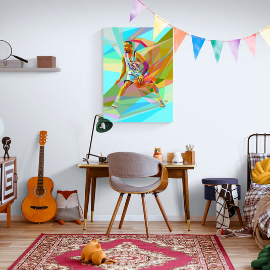 Cuadro decorativo moderno de jugador de baloncesto en estilo geométrico con colores vibrantes