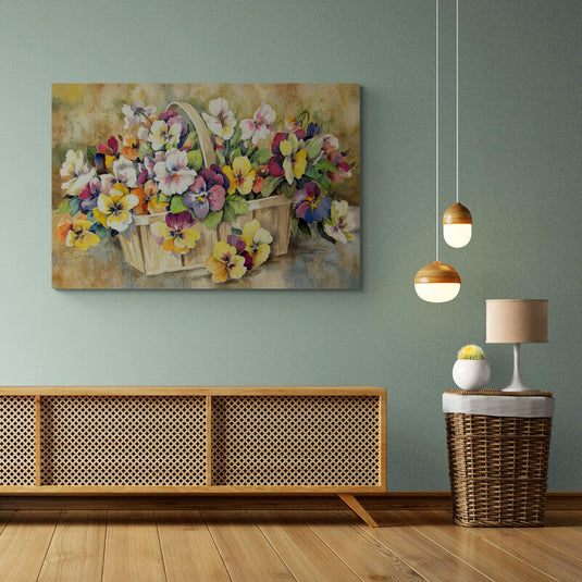 Pintura en acuarela de cesta de madera llena de violas coloridas
