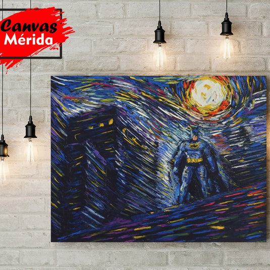 Cuadro artístico de Batman estilo Van Gogh, pintura al óleo con cielo estrellado y tonos azules. Decoración de superhéroes para sala, estudio o habitación geek.