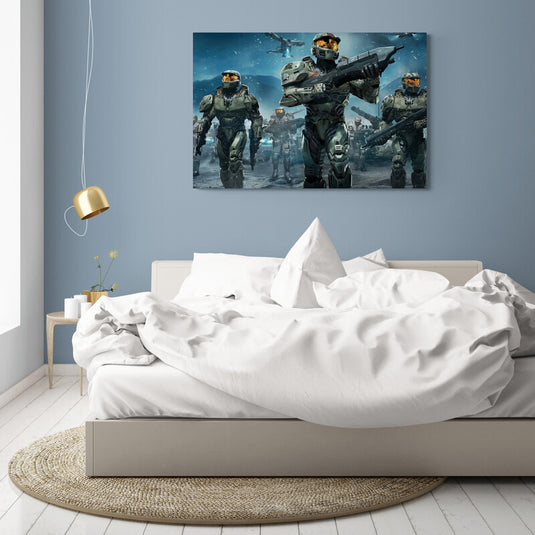 Escuadrón de soldados futuristas con armaduras avanzadas y armas en ambiente de ciencia ficción bélica