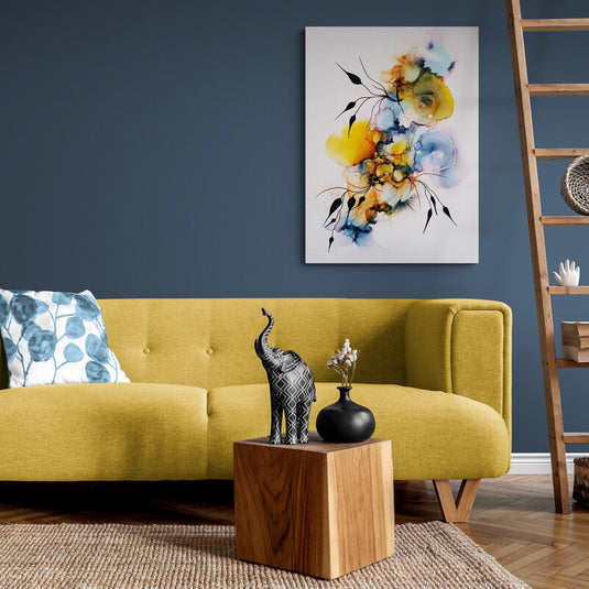 Acuarela abstracta con fusiones de amarillos, azules y ocres, evocando naturaleza fluida y movimiento