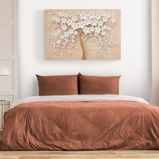 Cuadro_decorativo_fondo_naranja_árbol_tronco_café_dorado_hojas_flores_blancas