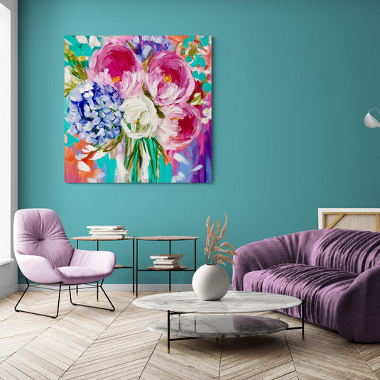 Pintura expresiva de ramo de peonías en colores vivos