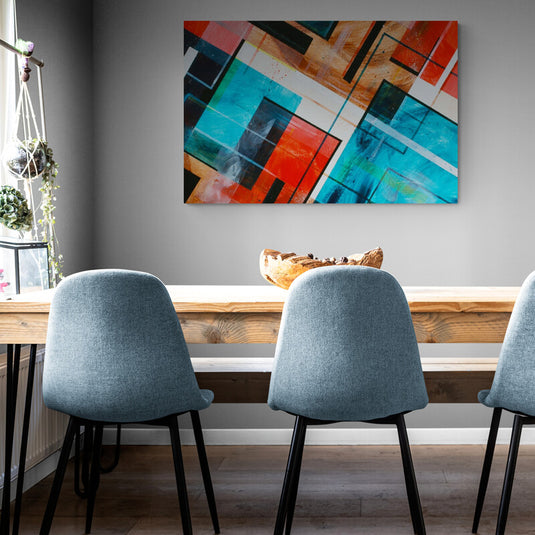 Pintura abstracta con composición geométrica en colores turquesa, naranja y marrón