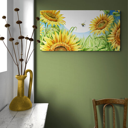 Acuarela de girasoles con abeja voladora