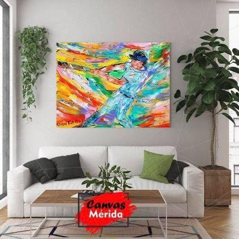Cuadro de arte moderno con jugador de béisbol en acción, estilo expresionista con pinceladas de colores vivos. Decoración deportiva para sala o recámara.