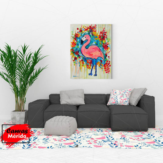 Cuadro Decorativo con Fondo Amarillo-Verde, Pinceladas Multicolor y Flamingo Rosa en la Parte Superior