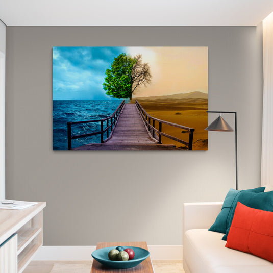 Cuadro_Decorativo_Contraste_Naturaleza: Puente_Dividiendo_Mar_Azul_Cielo_Nublado_Deserto_Cielo_Amarillo, Árbol_Mitad_Frondoso_Verde_Mitad_Desnudo