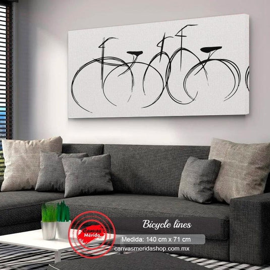 Arte minimalista de bicicletas en blanco y negro con trazos estilizados y diseño abstracto