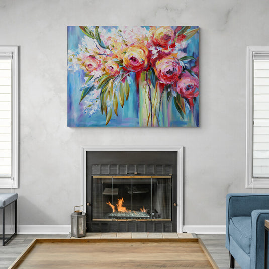 Pintura al óleo de un ramo de rosas coloridas con pinceladas expresivas