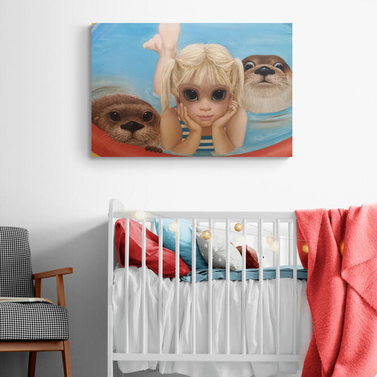 Lienzo de niña rubia con nutrias en el agua