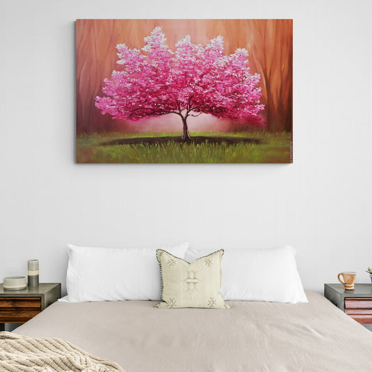 Cuadro_decorativo_fondo_café_césped_verde_árbol_frondoso_hojas_rosa