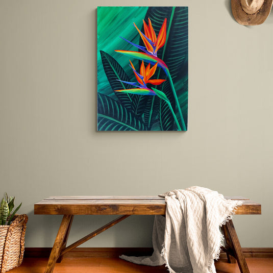 Pintura al óleo de flores de Ave del Paraíso con fondo de hojas tropicales
