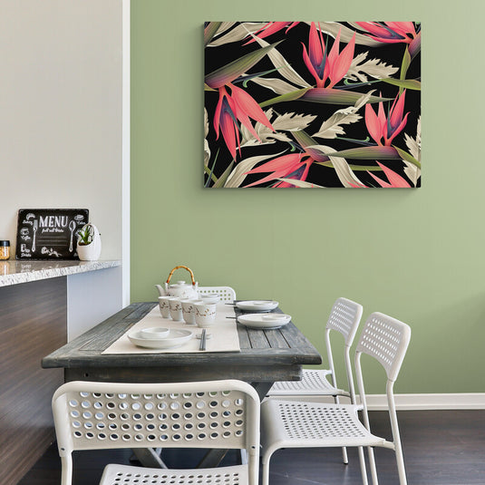 Cuadro decorativo: Hojas verdes y flores rosas sobre fondo negro