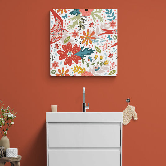 Cuadro infantil con fondo blanco, florecitas multicolores y pajaritos