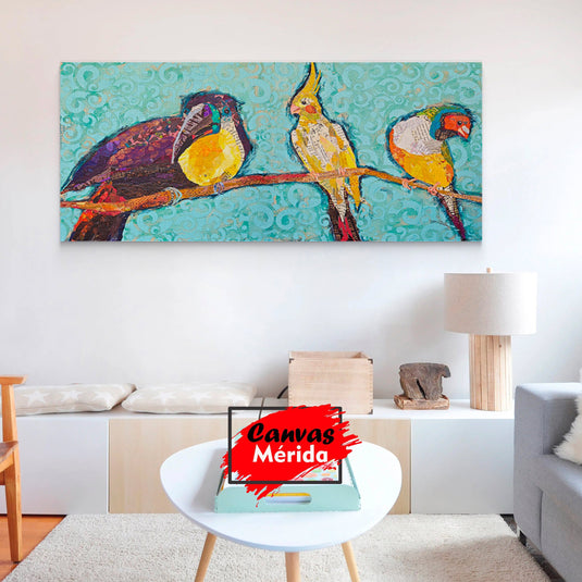 Cuadro decorativo: Tucán, loro y cotorro en rama de colores sobre fondo azul turquesa claro