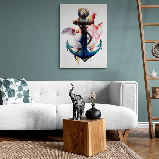 Cuadro decorativo con ancla en tonos azules y verdes sobre fondo blanco, acompañada de dos pájaros estilo acuarela