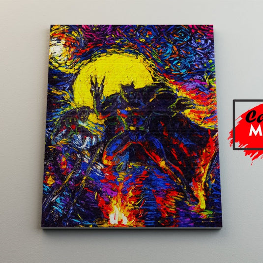 Cuadro de Pantera Negra en un paisaje nocturno con estilo postimpresionista y colores intenso