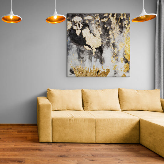 Pintura abstracta con texturas de oro, negro y gris, simbolizando el caos y la belleza