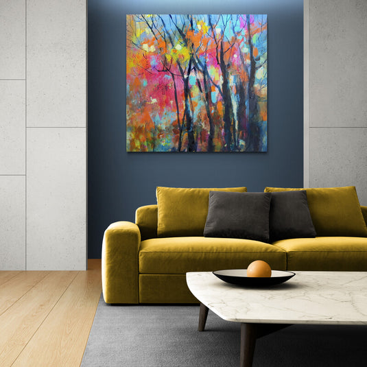 Cuadro Decorativo de Árboles con Ramas Oscuras Resaltando entre Amarillo, Fucsia, Azul Turquesa y Rojo