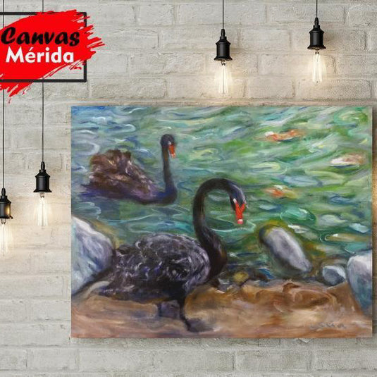Cuadro decorativo: Paisaje de lago con cisnes negros en tonos verdes y azules