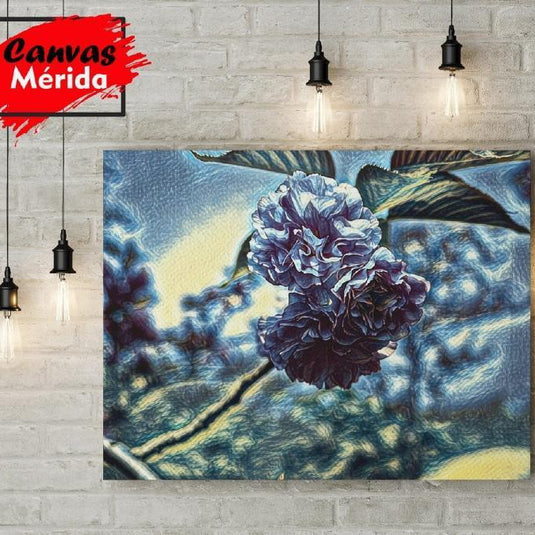 Obra digital impresionista de peonías azules con efecto acuático