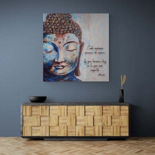 Cuadro de Buda azul con cita inspiradora sobre renacimiento y el presente