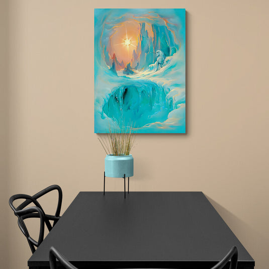 Cuadro fantástico con unicornio en paisaje helado de tonos turquesa y sol brillante en el horizonte
