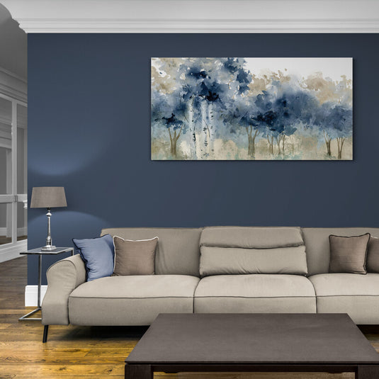 Cuadro decorativo: Árboles abstractos de hojas azules y troncos verdes sobre fondo café y verde