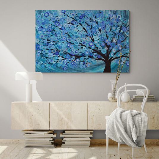 Cuadro_Decorativo_Árbol_Negro_Ramas_Hojas_Círculos_Azules_Fondo_Azules