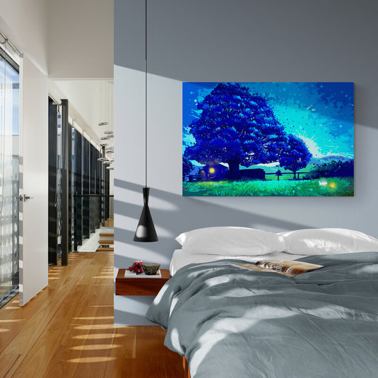 Cuadro Decorativo de Paisaje Azul y Verde, con Árboles Grandes y Frondosos de Hojas Azules sobre Cesped Verde