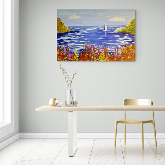 Pintura de un velero en el mar con jardines floridos en primer plano