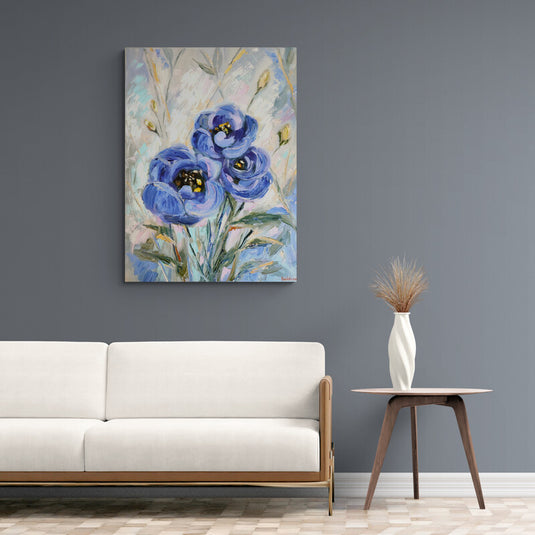 Pintura al óleo de ranúnculos azules con pinceladas dinámicas