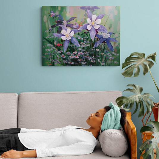 Pintura al óleo de jardín con flores lila y margaritas