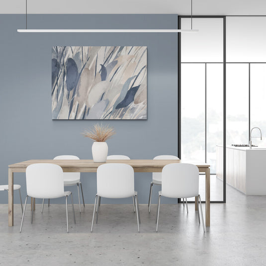 Cuadro abstracto con formas de espigas en tonos azul, gris y beige, estilo sereno y moderno.