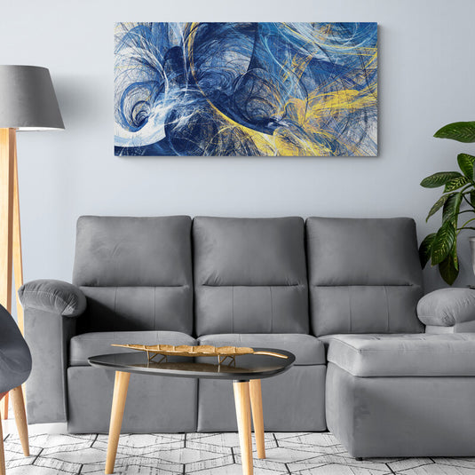 Cuadro abstracto en tonos azul y amarillo.