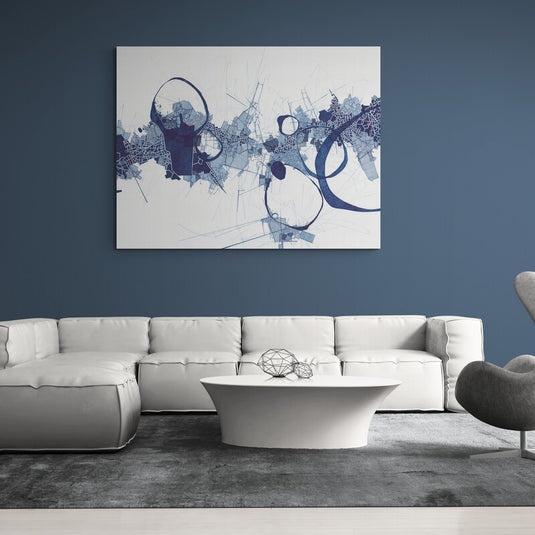 Cuadro abstracto con formas circulares y líneas técnicas en tonos azul sobre fondo blanco