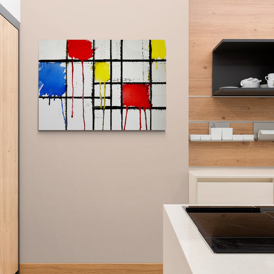 Cuadro abstracto inspirado en Mondrian con goteos de pintura en cocina moderna