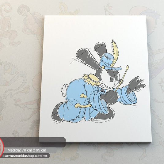 Caricatura animada de personaje militar con pluma en el casco y traje azul estilo antiguo