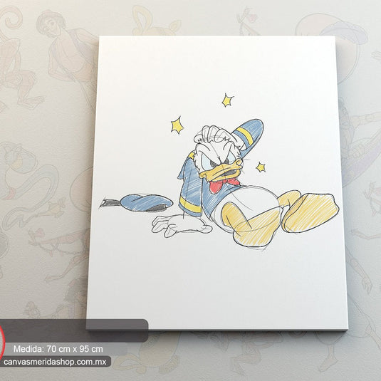 Personaje de dibujos animados de pato disgustado, ilustración en estilo boceto con estrellas amarillas